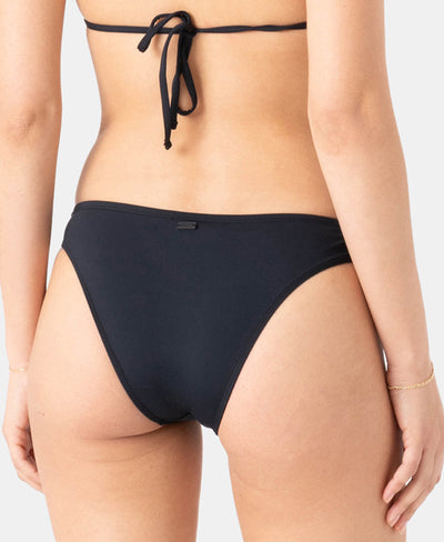 A person is shown from the back wearing a black bikini bottom and a matching bikini top with strings tied at the back. The background is plain and light-colored.