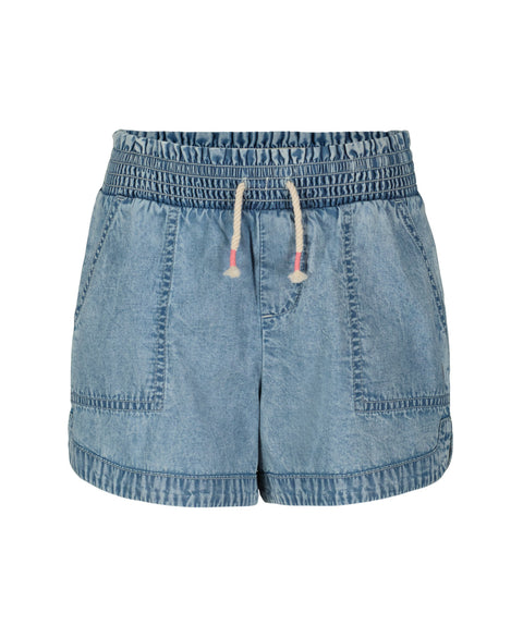 The Roxy Little Girls' Soleil Short features lightweight denim, a smocked elastic waistband, drawstring with knotted ends, two front patch pockets, and an acid wash finish for a casual everyday look.