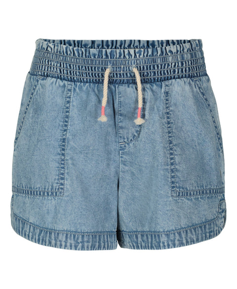 The Girls' Soleil Short by Roxy features lightweight acid wash denim, a smocked elastic waistband with a white drawstring tipped in pink, two large front pockets, and a relaxed fit for a casual, slightly faded look.