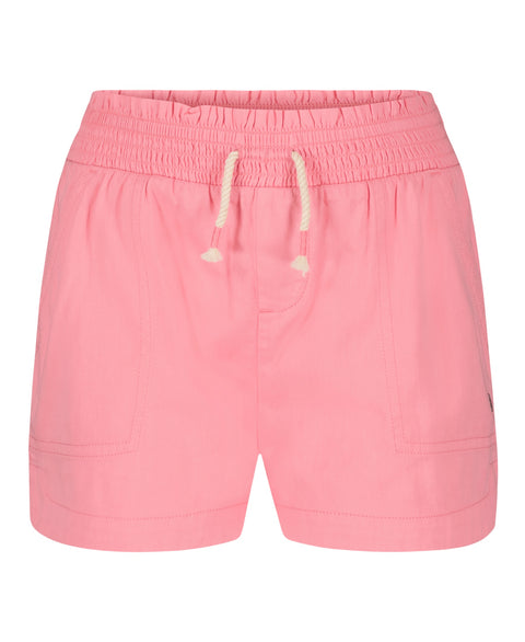 The Roxy Girls' Soleil Short features pink brushed twill, a smocked elastic waistband, white drawstring, and two front pockets. Perfect for stylish beachwear, they're shown against a white background.